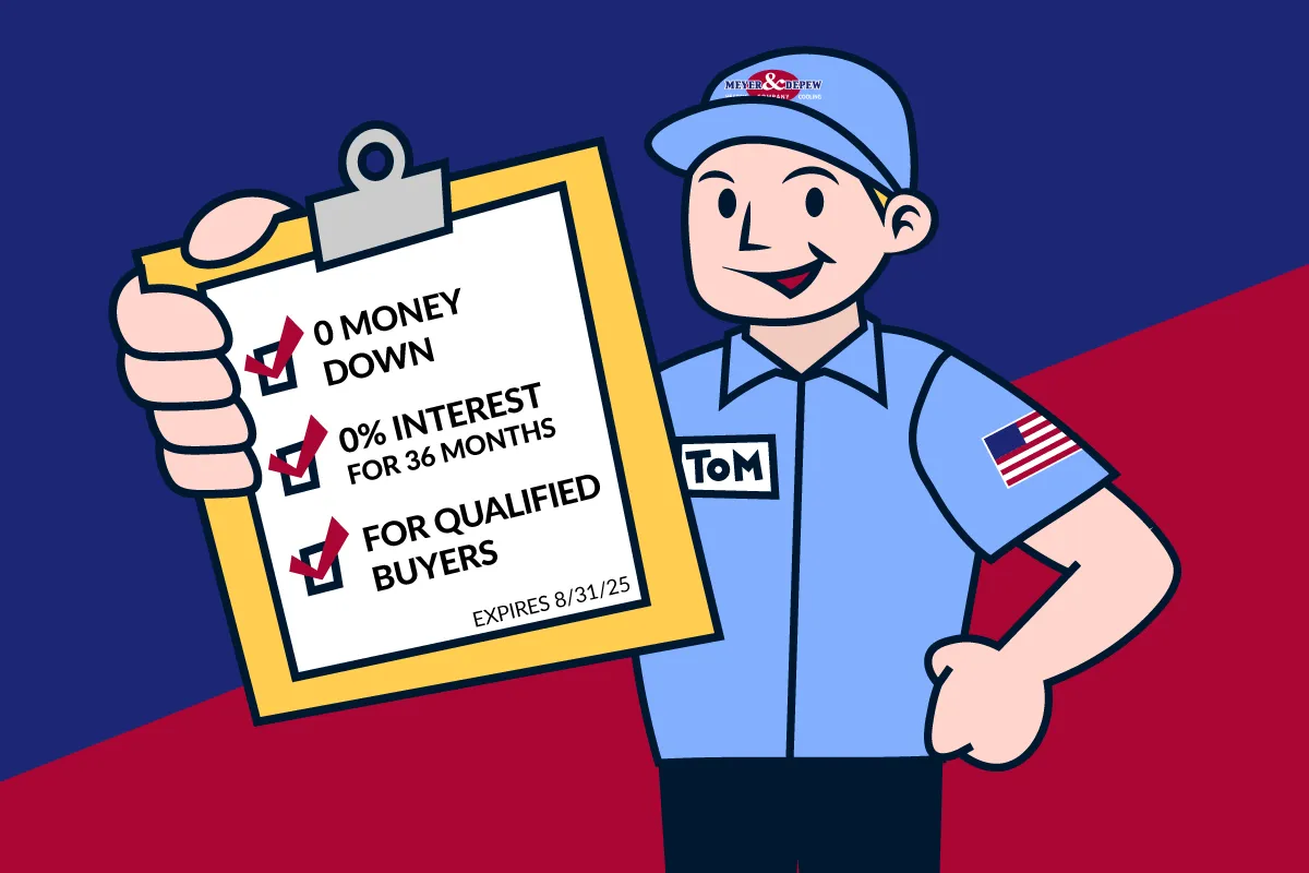 Cartoon Tom holding a clipboard featuring summer A/C financing details.
