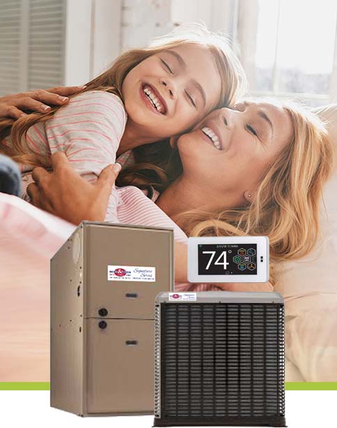 Meyer and Depew's residential Signature Series HVAC units superposed on a mother and daughter hugging in their temperature controlled NJ home