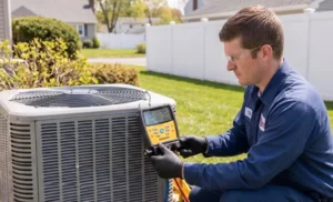 Photo of a Meyer and Depew service technician servicing an AC tune-up.