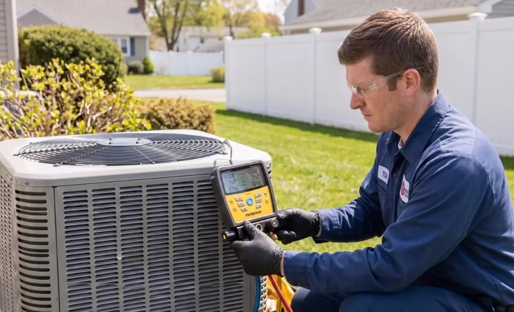 Photo of a Meyer and Depew service technician servicing an A/C tune-up.