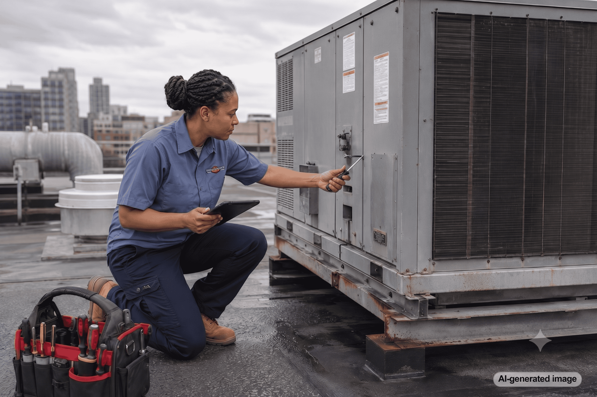 Meyer and Depew Technician working on HVAC system on top of commercial buliding