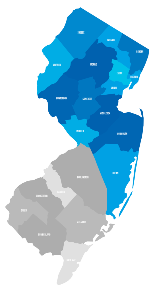 New Jersey Counties Map serviced by Meyer and Depew